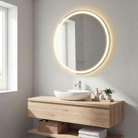 Miroir Mural Rond Lumineux, Anti-buée, Luminosité et Température Réglables, pour Chambre, Coiffeuse, 61 cm, Blanc