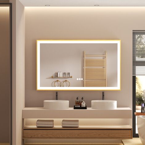 Miroir Mural Salle de Bain LED Anti-Buée Cadre Complet Finition Givrée avec Interrupteur Tactile pour Maquillage Rasage - Doré 100 x 60 cm