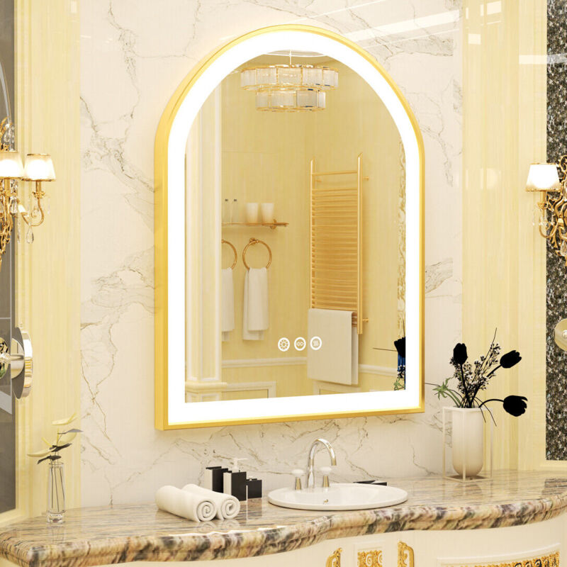 Miroir Mural Salle de Bain Lumineux Anti-Buée avec Cadre Doré Arche 90 x 60 cm Complet Finition Givrée avec Interrupteur Tactile