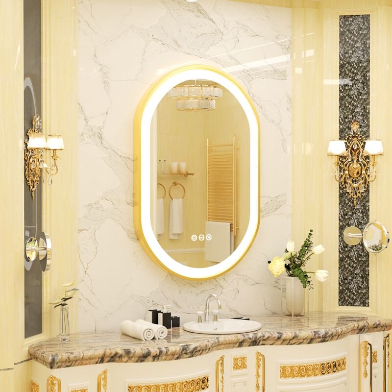 Miroir Mural Salle de Bain Ovale Lumineux Anti-Buée avec Cadre Doré Complet Finition Givrée avec Interrupteur Tactile - 80 x 50 cm