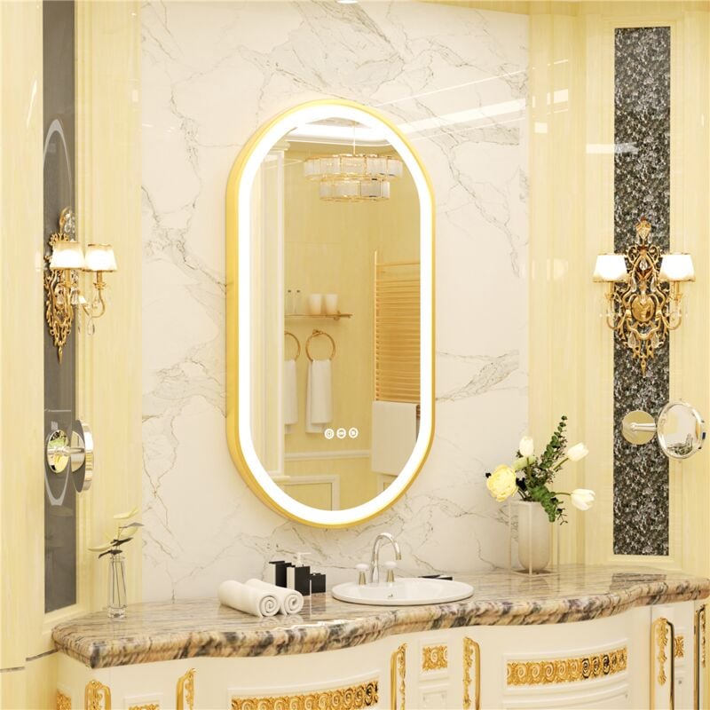 Miroir Mural Salle de Bain Ovale Lumineux Anti-Buée avec Cadre Doré Complet Finition Givrée avec Interrupteur Tactile - 100 x 50 cm