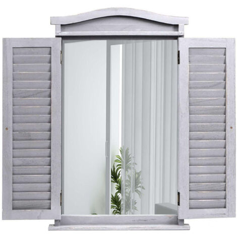 miroir mural salle de bain miroir fenêtre avec volets - 71x46x5cm - shabby gris
