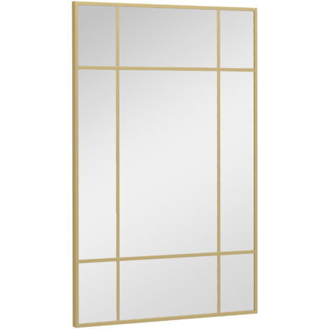Miroir mural style fenêtre, montage vertical et horizontal, 90x60 cm, doré