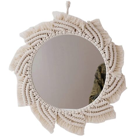 Miroir mural suspendu en macramé style bohème nordique avec franges et pompons, tapisserie ronde en corde de coton tissée à la main, idéale pour un appartement, un salon ou une chambre.