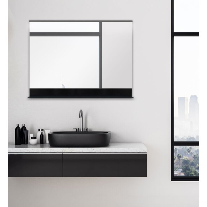 Talos - Miroir mural Black Home 80 x 60 cm - miroir de salle de bain avec éclairage et étagère - interrupteur tactile élégant - miroir lumineux avec
