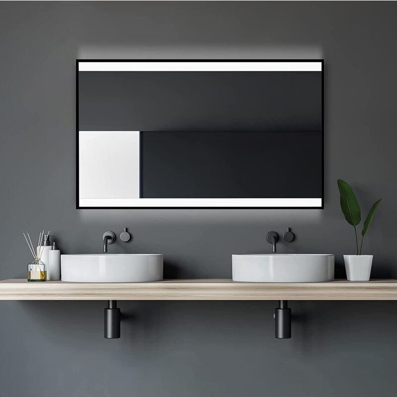 Miroir mural Talos Black Shine 120 x 70 cm - miroir de salle de bain avec éclairage - cadre en aluminium de haute qualité avec interrupteur à bascule