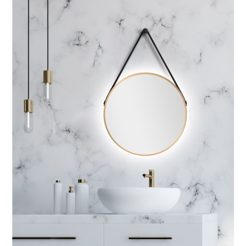 Talos - Miroir mural Gold Light Matt ø 50 cm - miroir de salle de bain avec éclairage indirect - sangle de suspension en aspect cuir - miroir