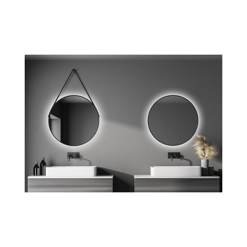 Miroir mural Talos Black Light Matt Ø 80 cm - miroir de salle de bain avec éclairage indirect - sangle de suspension en aspect cuir - miroir lumineux