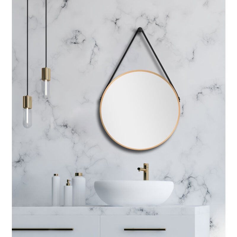 Talos - Miroir mural Gold Style Matt ø 50 cm - miroir de salle de bain avec sangle de suspension aspect cuir - cadre en aluminium de haute qualité