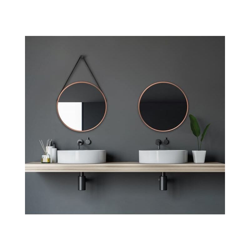 Talos - Miroir mural Copper Style Matt ø 50 cm - miroir de salle de bain avec sangle de suspension en aspect cuir - cadre en aluminium de haute