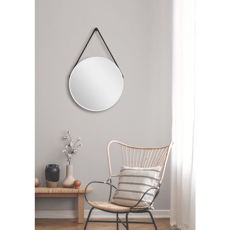 Talos - Miroir mural White Style Matt ø 50 cm - miroir de salle de bain avec sangle de suspension en aspect cuir - cadre en aluminium de haute