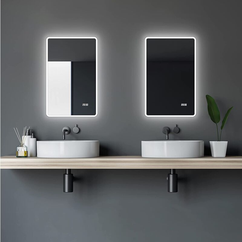 Talos - Miroir mural Sun 45 x 70 cm - Miroir de salle de bain avec éclairage panoramique et horloge numérique - Cadre en aluminium de haute qualité