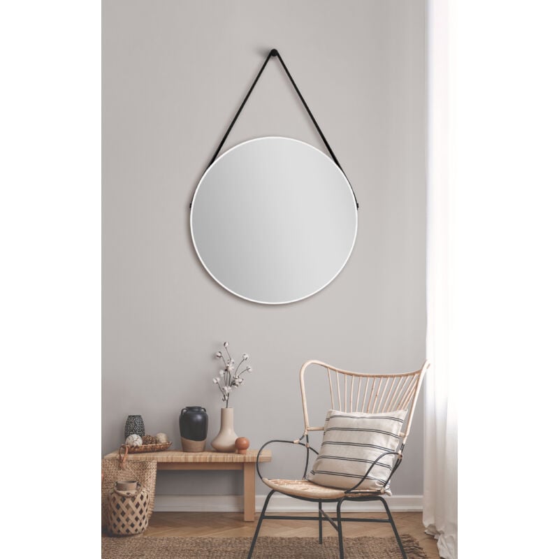 Talos - Miroir mural White Style Matt ø 80 cm - miroir de salle de bain avec sangle de suspension en aspect cuir - cadre en aluminium de haute