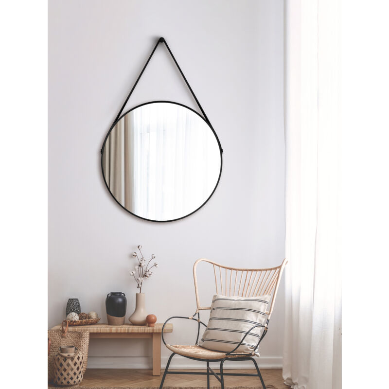 Talos - Miroir mural Black Style Matt ø 80 cm - miroir de salle de bain avec sangle de suspension aspect cuir - cadre en aluminium de haute qualité