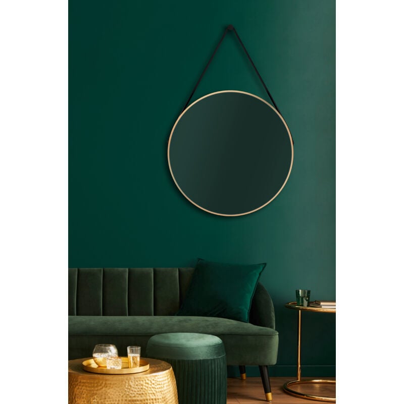 Talos - Miroir mural Gold Style Matt ø 80 cm - miroir de salle de bain avec sangle de suspension aspect cuir - cadre en aluminium de haute qualité