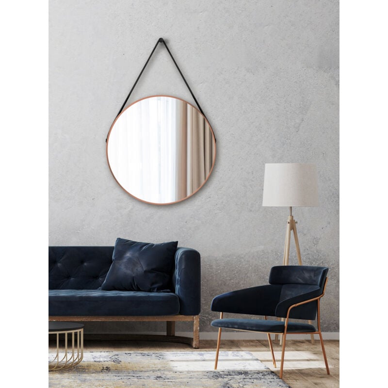 Miroir mural Talos Copper Style Matt Ø 80 cm - miroir de salle de bain avec sangle de suspension en aspect cuir - cadre en aluminium de haute qualité