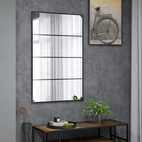 Miroir mural verrière rectangulaire style industriel. horizontal ou vertical avec 4 crochets. en métal noir 109 x 69 cm