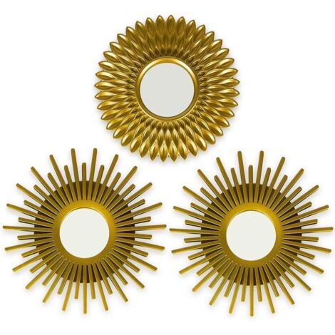 Miroir Murale 3 Pièces Miroir Rond pour Decoration Murale dans Maison, Salon et Chambre Miroir Soleil Accrocher au Mur Original Cadeau Femme et Maman Miroir Doré pour Décoration
