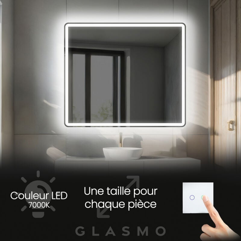 Foram - Miroir Salle de Bain led 100x90 cm Naomi - Horizontal Arrondi Miroir Mural Avec Éclairage Intégré Miroir Lumineux - Blanc Froid 7000 k