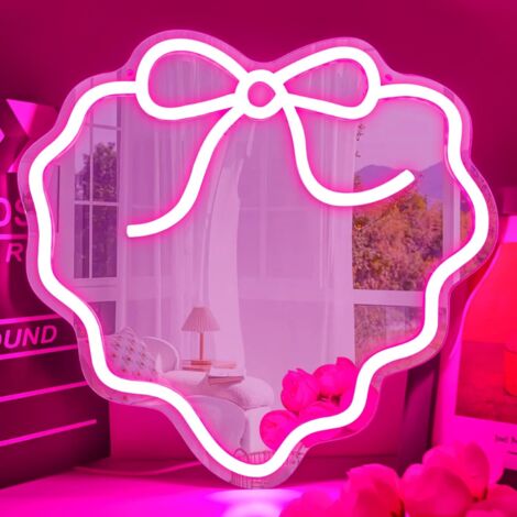 Miroir néon en forme de nœud : Éclairage LED rose avec luminosité réglable — un miroir doté d'un éclairage intégré, parfait pour la décoration de coiffeuses et pour offrir en cadeau.