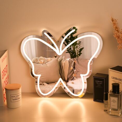 Miroir néon « Papillon » : Enseigne néon LED alimentée par USB avec luminosité réglable — parfait pour les chambres, les chambres d'enfants, les salons et les soirées.