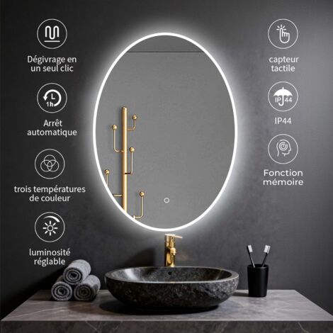 Miroir ovale LED 50x70 cm  lumière dimmable 2700 6000 K, zone anti-buée et minuterie 60 min