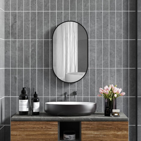 Miroir ovale mural cadre en aluminium style minimaliste montage vertical ou horizontal avec 3 crochets 40 x 70 cm noir