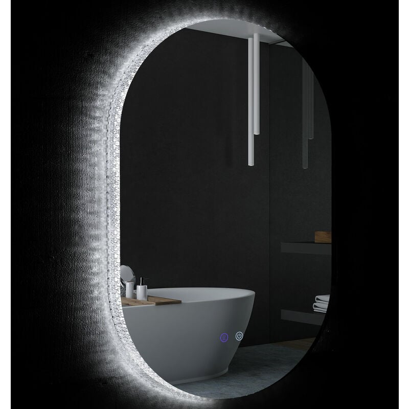 Kleankin - Miroir ovale mural lumineux led de salle de bain - 81 x 51 cm - avec 3 couleurs, luminosité réglable interrupteur tactile système antibuée