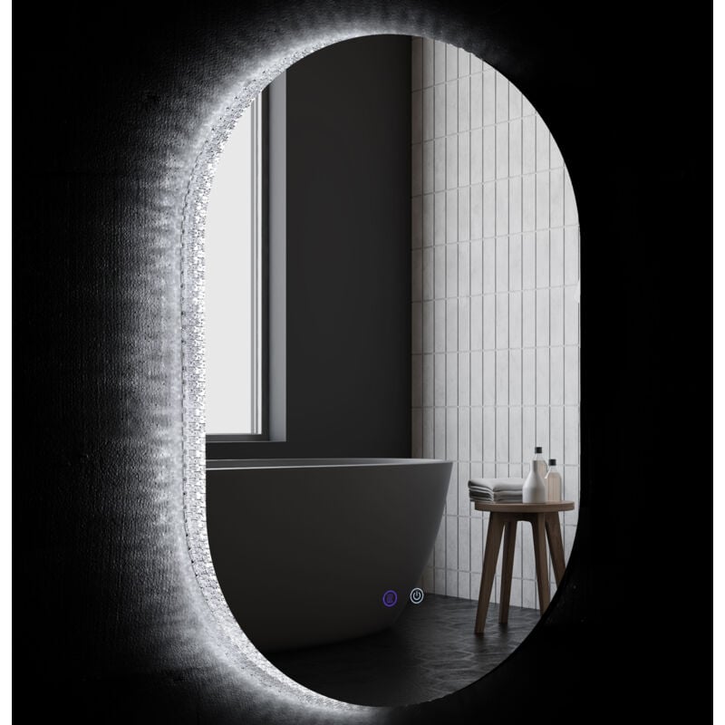 Kleankin - Miroir ovale led de salle de bain - dim. 91H x 61l cm - 3 couleurs, réglable, tactile, antibué - décor acrylique transparent