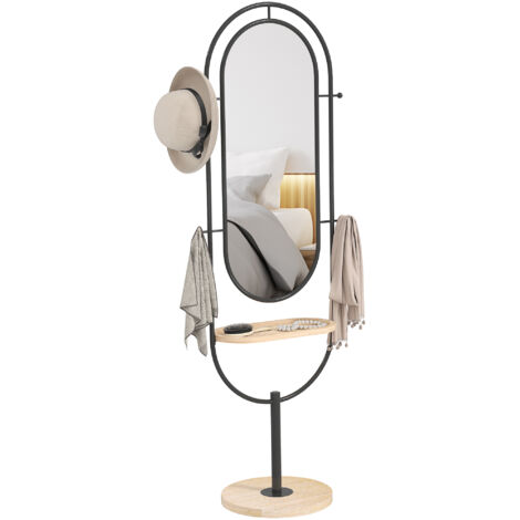Miroir ovale sur pied avec plateau en bois et 4 crochets , Noir