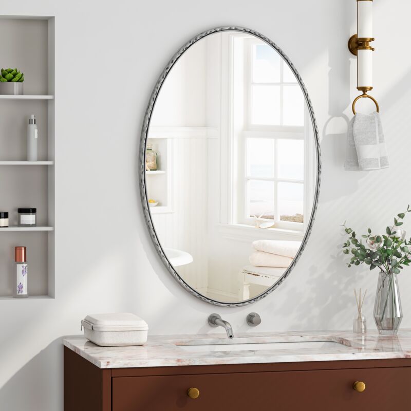 Miroir ovale vintage en fer forgé 65cm, effet antique, à suspendre au mur, convient pour salle de bain, chambre, salon - Argent