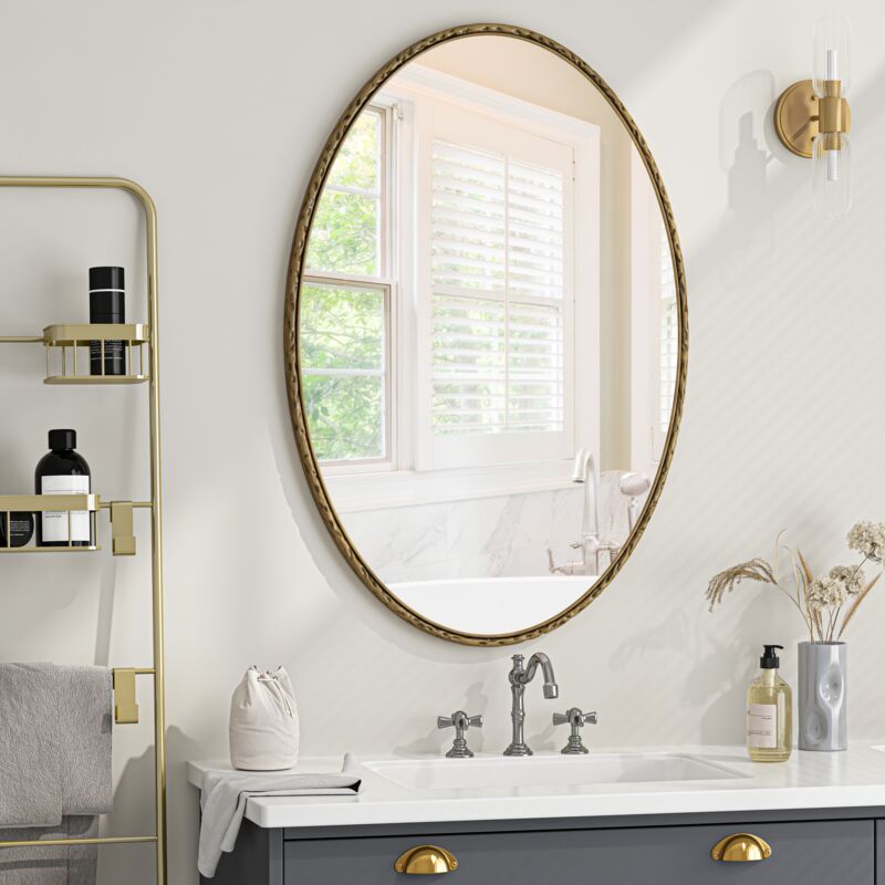 Tanant - Miroir ovale vintage en fer forgé 65cm, effet antique, à suspendre au mur, convient pour salle de bain, chambre, salon - Doré