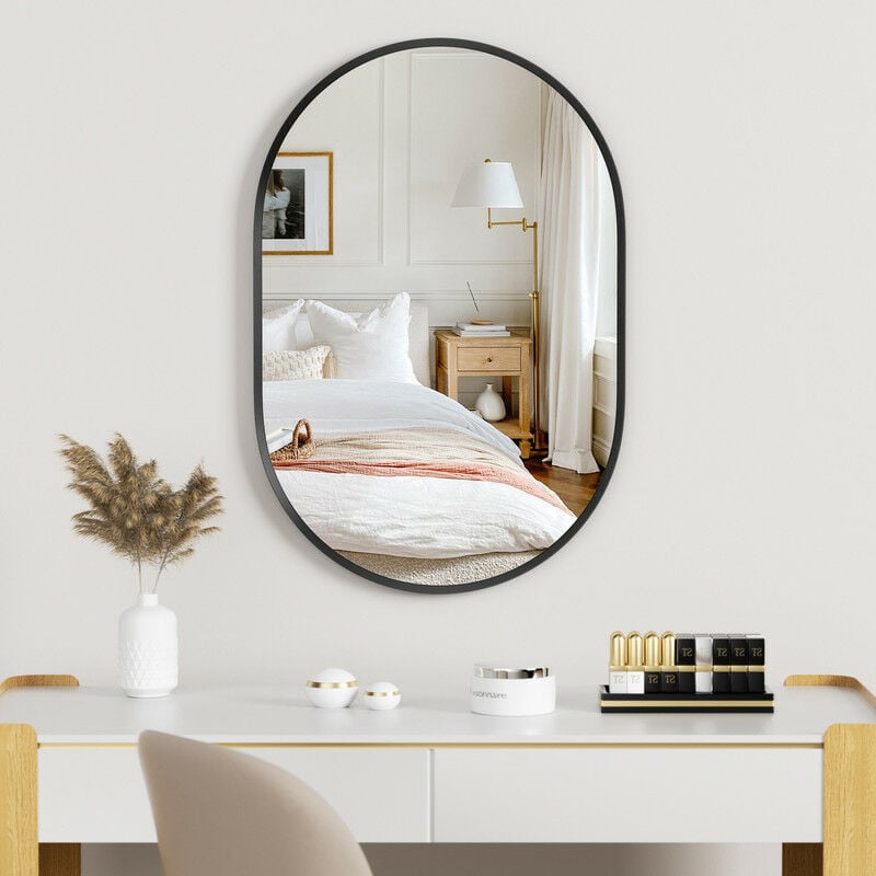 Miroir Ovale 60 x 90cm,Miroir Mural avec cadre en métal Noir,miroir de vanité mural pour salle de bains,salon,chamb,Le porche