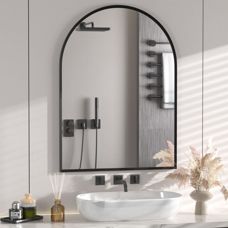 Miroir Voûté 60 x 76cm,Miroir Mural avec cadre en métal Noir,miroir de vanité mural pour salle de bains,salon,chamb,Le porche
