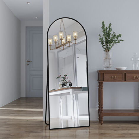 Miroir plein cintré, miroir mural ou incliné avec cadre en aluminium, miroir mural vertical pour chambre à coucher, grand miroir au sol avec support (Noir, 162 x 53 x 3 cm)