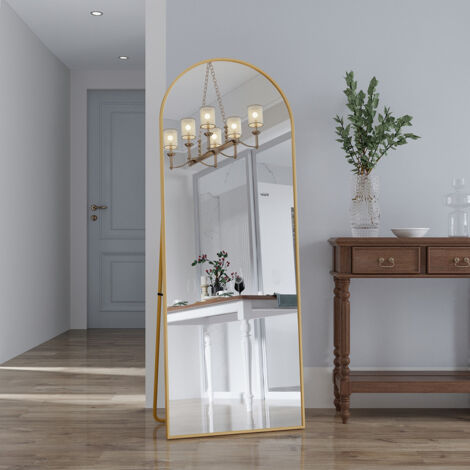 Miroir plein cintré, miroir mural ou incliné avec cadre en aluminium, miroir mural vertical pour chambre à coucher, grand miroir au sol avec support (Or, 162 x 53 x 3 cm)