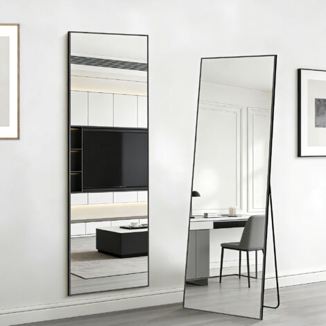 Miroir Pleine Longueur 150x40 cm, Miroir sur Pied, à Suspendre, Debout ou appuyé, Grand Miroir cosmétique HD, Cadre en Aluminium, Noir, carré