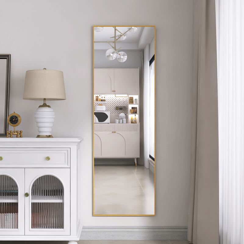 Miroir sur pied 162 x 53 cm - grand miroir de sol, Miroir pleine longueur, chambre murale, dressing et miroir mural à cadre fin, rectangulaire - jaune