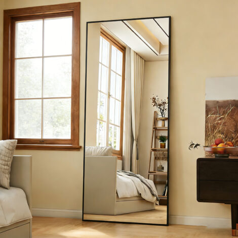 Miroir pleine longueur 180 x 80 cm - Grand Miroir rectangulaire HD - miroir sur pied -  cadre en alliage d'aluminium - miroir mural à cadre fin - Noir