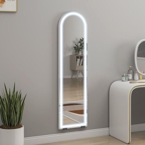 Miroir pleine longueur avec éclairage LED, 150 x 40 cm, incurvé, luminosité réglable, 3 couleurs de lumière, sur pied ou mural, blanc