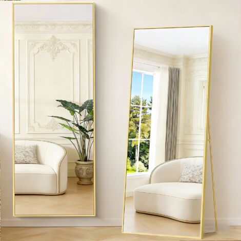 Miroir pleine longueur de 164 x54 cm - Grand Miroir minimaliste moderne sur pied, Cadre en Aluminium, à suspendre ou à poser, pour salon, doré