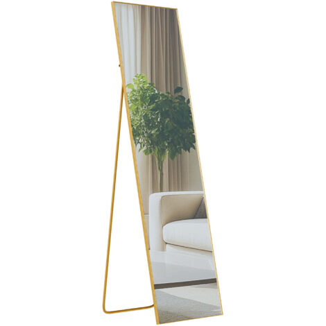 Miroir pleine longueur sur pied et mural cadre métal doré brillant design épuré 140x40 cm 100008391