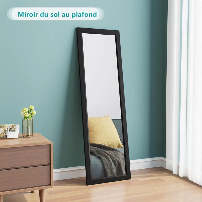Miroir Porte Mural Suspendu 110 x 33cm,Miroir Pleine Longueur en Verre Trempé avec 2 Crochets de Suspension pour Porte,Hauteur Réglable,Noir
