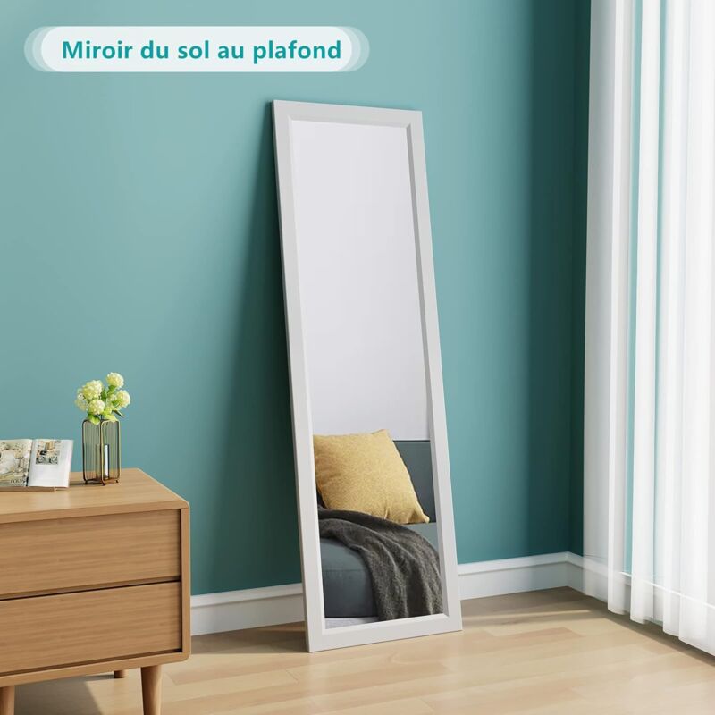 Miroir Porte Mural Suspendu 110 x 33cm,Miroir Pleine Longueur en Verre Trempé avec 2 Crochets de Suspension pour Porte,Hauteur Réglable,Blanc