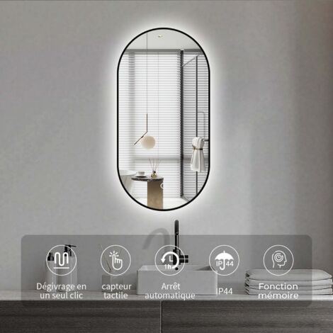 Miroir rectangle arrondi 50x100 cm lumière d'ambiance LED 2700 à 6000 K anti-buée cadre aluminium no