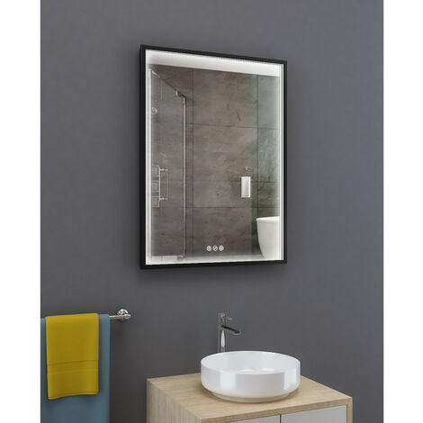 Miroir rectangle cadre noir, LED 80x60 cm avec variateur de lumière - ATELIER