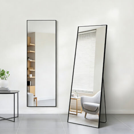 Miroir rectangulaire 140 x 40 cm en métal, Miroir Intégral, Miroir sur pied/Mural , Cadre en Alliage d’Aluminium et film anti-explosion, Verre Trempé, Noir