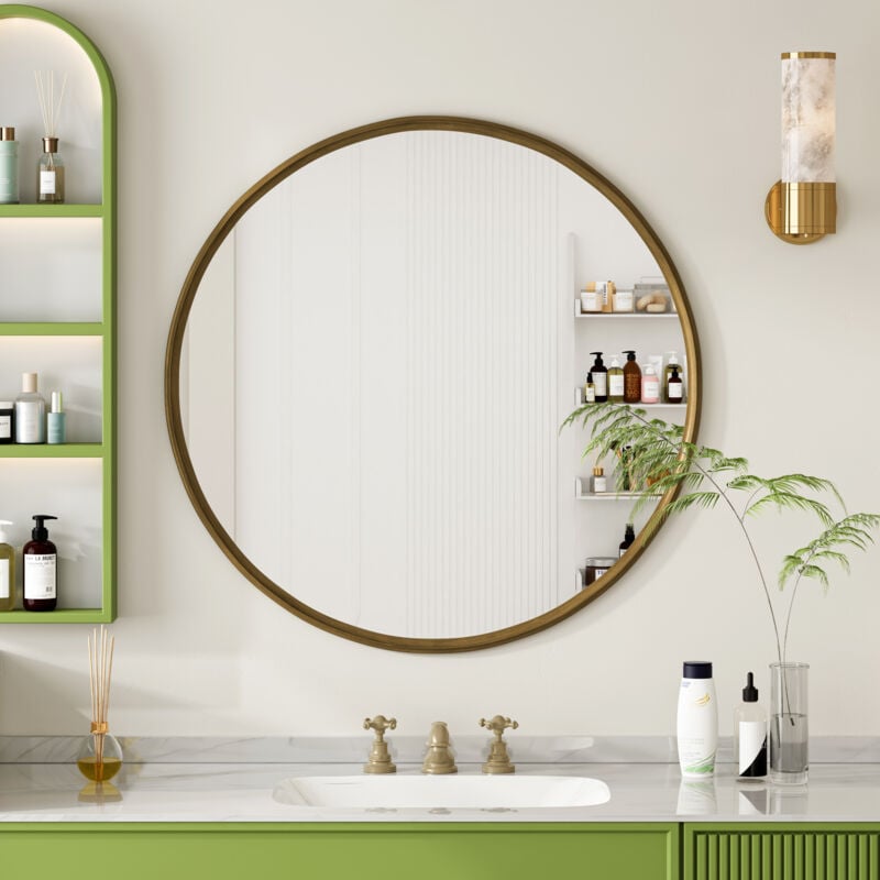 Miroir rond en bronze 80 cm, miroir de salle de bain pour mur, miroir mural rond avec cadre en métal, pour mur, salon, chambre, vanité, entrée,