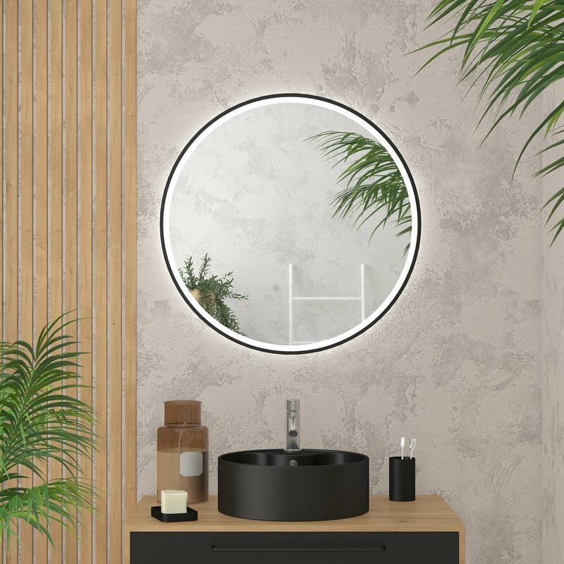 Miroir salle de bain rond avec éclairage led et contour noir - Diam 70cm