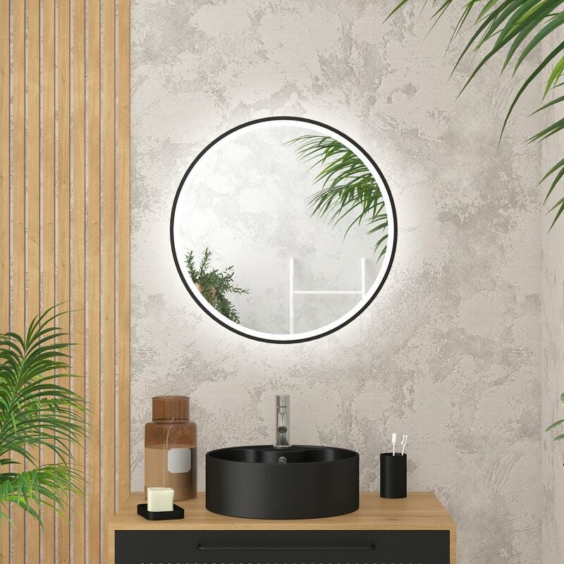 Aurlane - Miroir salle de bain rond avec éclairage led et contour noir - Diam 60cm